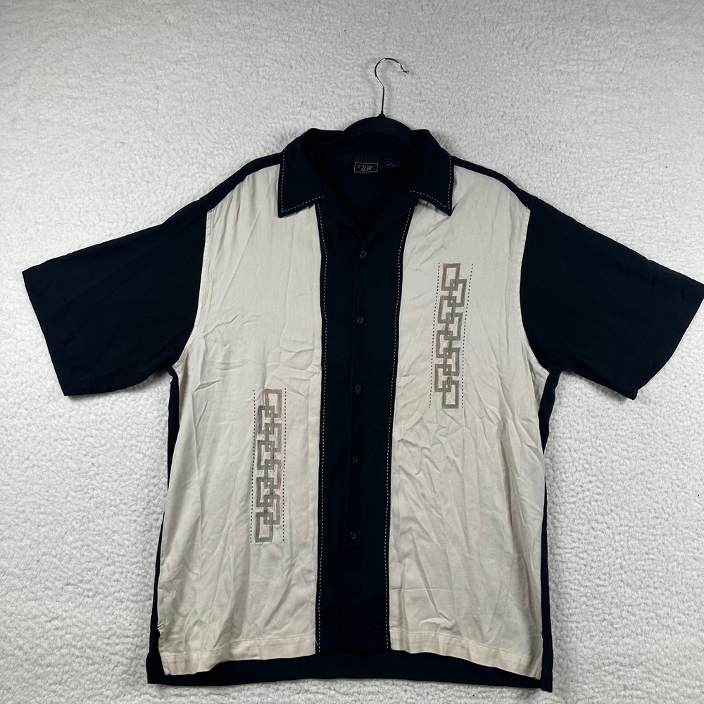WF Button Up Mens Silk Bowling Shirt Embroidered Colorblock L Black Rockability
